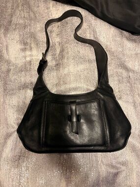 Jones New York Black Leather Shoulder Bag with Front Strap Detail